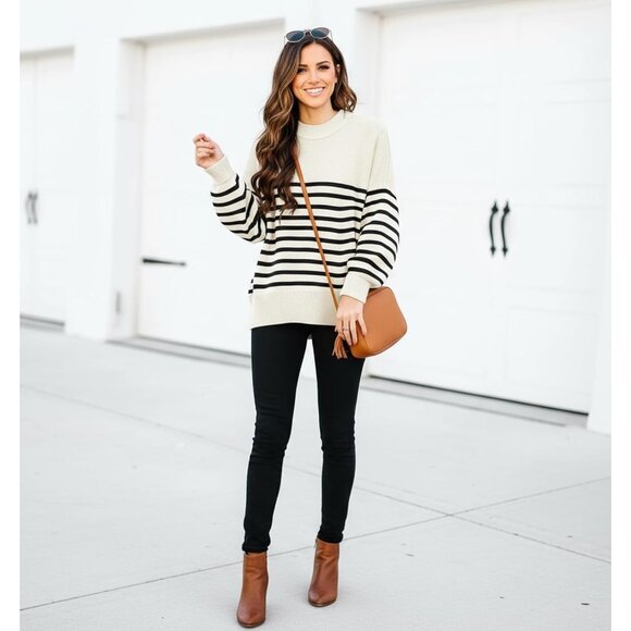 Women's Apricot Batwing Long Sleeve Crew Neck Striped Oversized Pullover Sweater - Picture 4 of 5